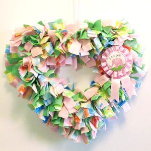 Hand Crafted Baby Girl Heart Shape Fleece Pink Green Multi Fabric Rag Wreath 16"